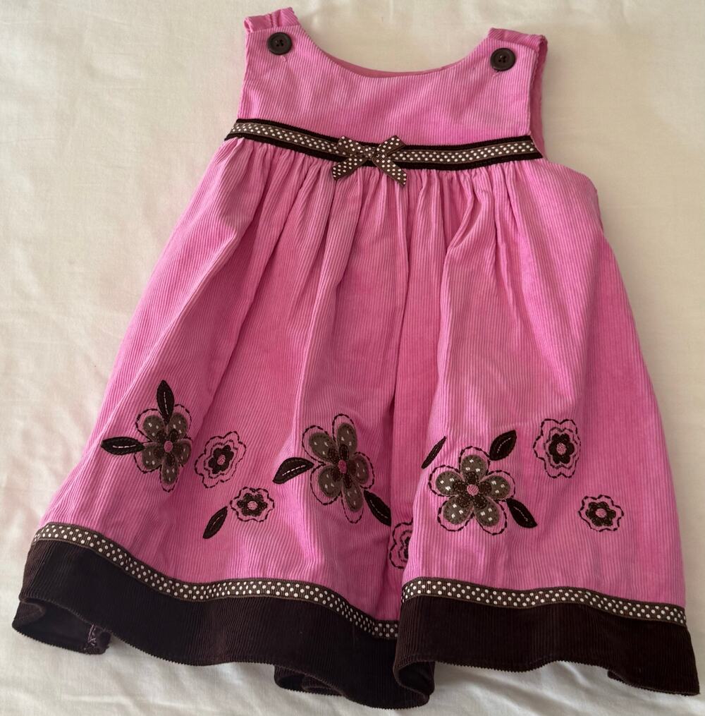 Cute Pink Corduroy Dress Sz 12 Months with Brown Accents and Flowers Buttons